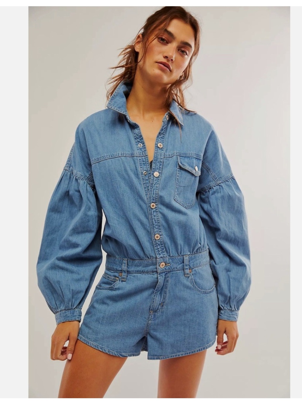 Free People Chambray Denim Romper with Balloon Sleeves- size small - EXCELLENT